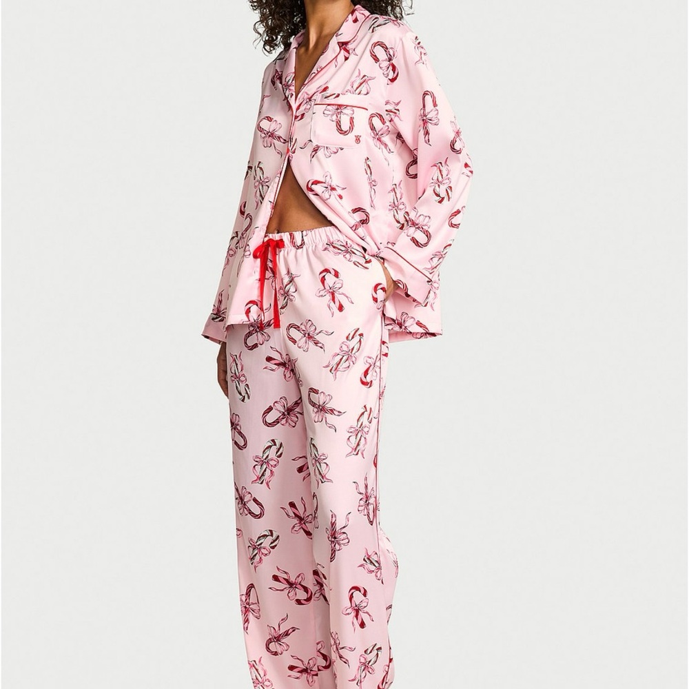 Victoria Secrets Glazed Satin  Pajama Set Candy Canes and Bows